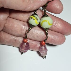Gold Tone Glass Beaded Dangling Earrings Yellow Pink